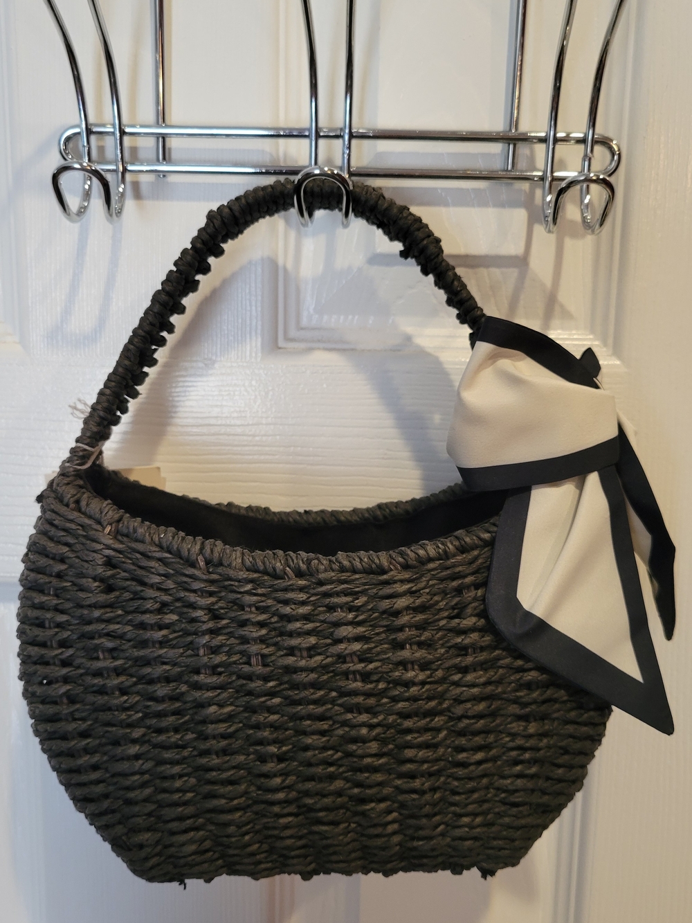 Woven Straw Hand Bag with Scarf Accent - Black